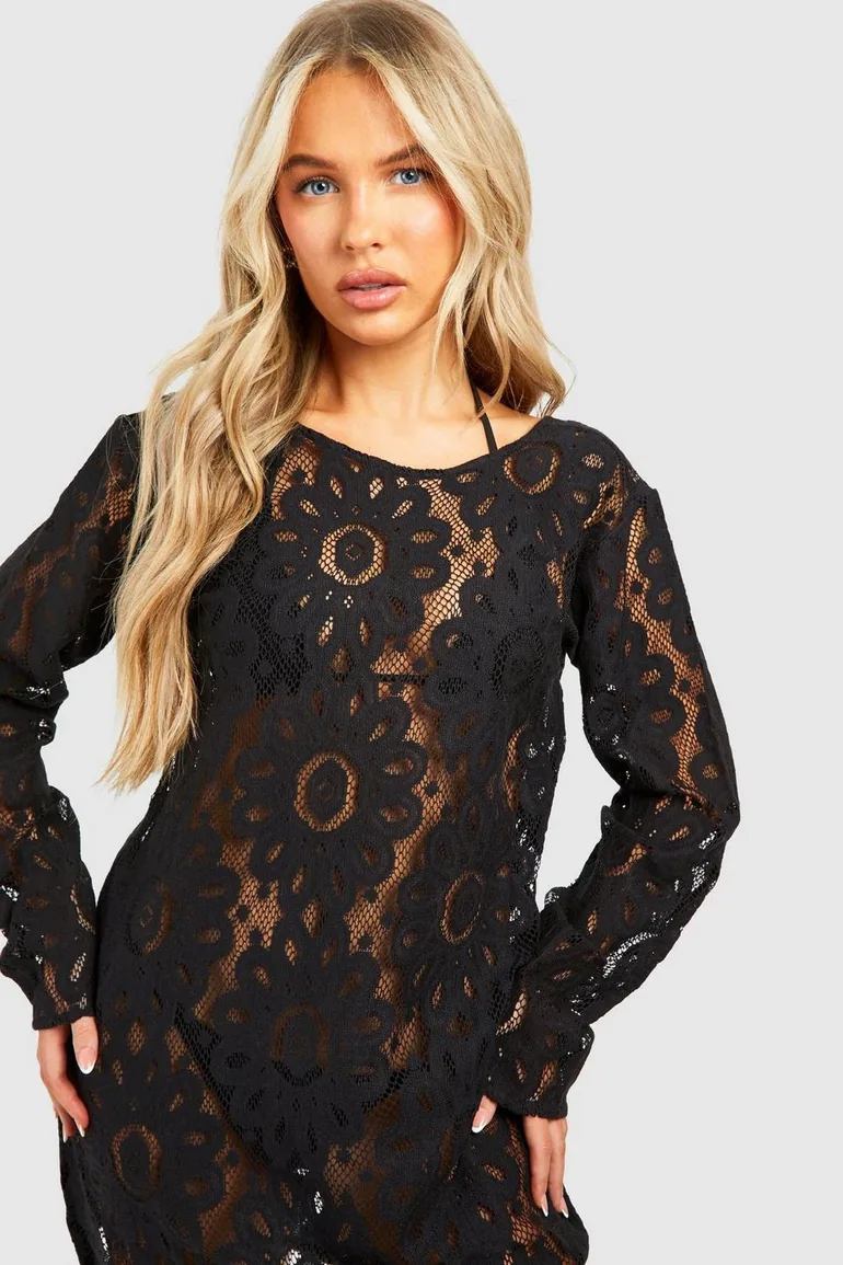 Shop Crochet Open Back Beach Mini Dress - black Online in Oman Shop Crochet Open Back Beach Mini Dress - black Online in Oman