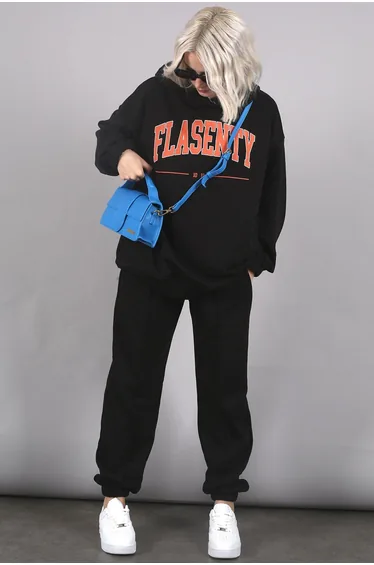 Black Oversize Printed Tracksuit Suit