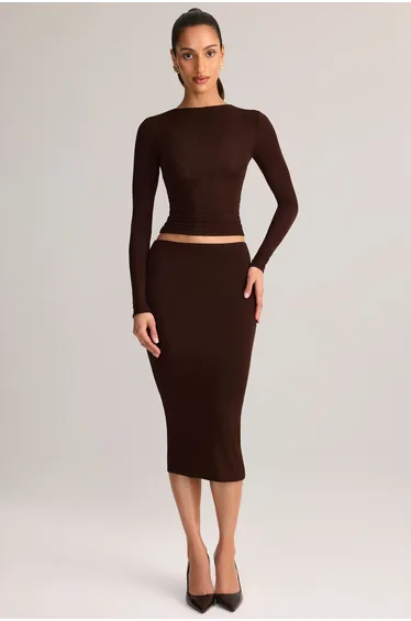Modal Mid-Rise Pencil Skirt in Chocolate Brown