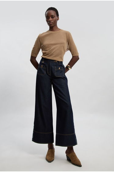 Denim & Jacquard Contrast Wide Leg Jean