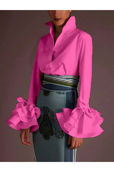 Flared Sleeves Bow-Embellished Falbala Solid Color Lapel Blouses&Shirts Tops
