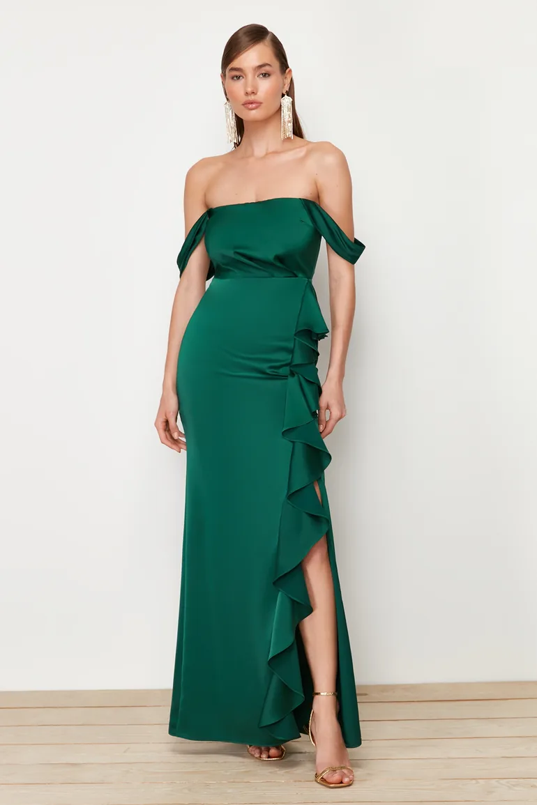 Shop Emerald Green Flounce Satin Long Evening Dress Online in Oman