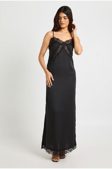 Satin Lace Mix Column Maxi Dress - black