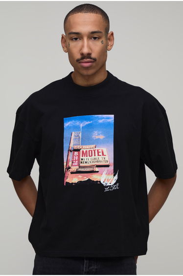 Black Oversized Boxy Motel Graphic T-Shirt - black