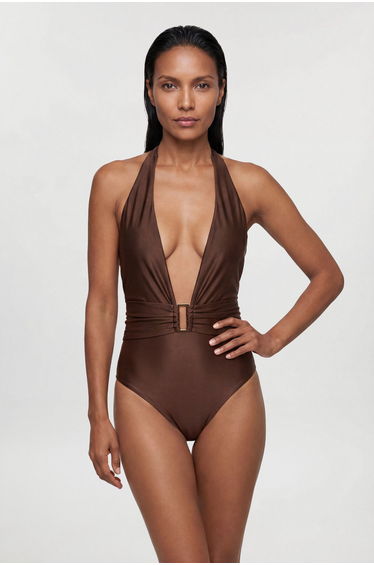 Metallic Halter Neck Hardware Detail Plunge Swimsuit