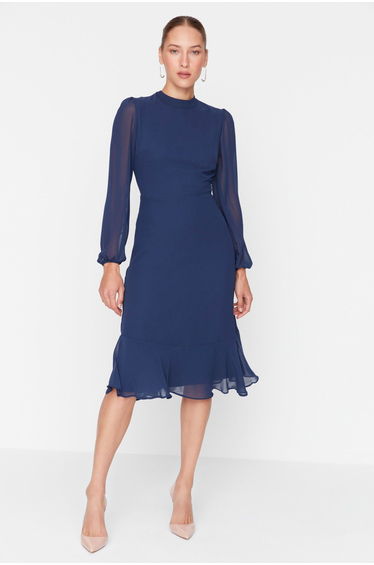 Chiffon A-Line Midi Dress with Ruffles