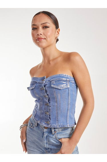 Metallic Silver Foil Denim Corset Top