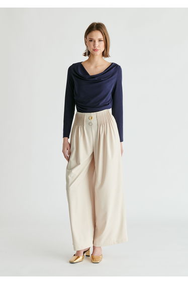 Wide Leg Trousers with Pleated Waist Detail