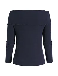 Ruched Flap Overlay Ribbed Knit Top in Navy for Brunch Dates & Casual Gatherings - 9
