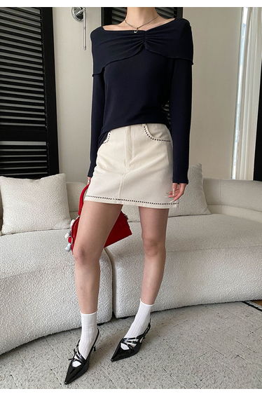 Ruched Flap Overlay Ribbed Knit Top in Navy for Brunch Dates & Casual Gatherings