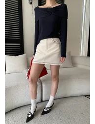 Ruched Flap Overlay Ribbed Knit Top in Navy for Brunch Dates & Casual Gatherings