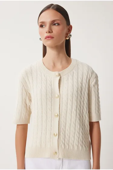 كارديغان سويتر نسائي محبوك بياقة دائرية لون كريمي 
