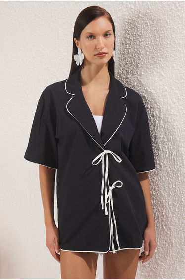 Black Woven Lacing Detailed 100% Cotton Beach Shirt
