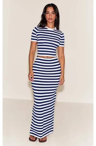 Petite Navy Stripe Knitted Cap Sleeve Crop Top