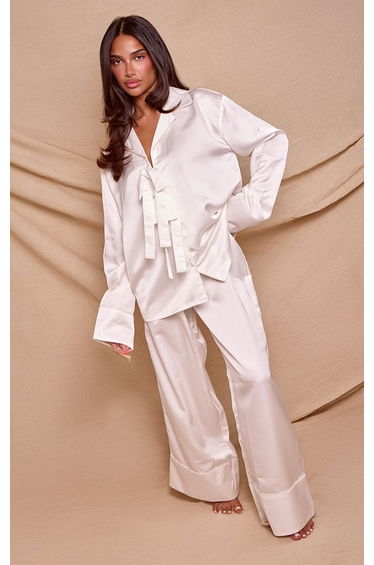 White Satin Bow Detail Long Pyjama Set