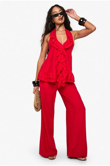Woven Crinkle Ruffle Button Top - red