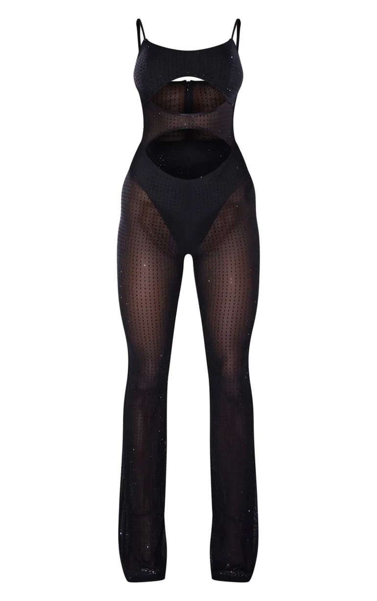 Black Diamante Hot Fix Mesh Cut Out Strappy Jumpsuit - 3