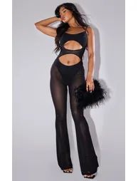 Black Diamante Hot Fix Mesh Cut Out Strappy Jumpsuit