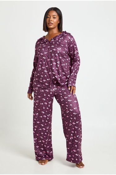 Plus Heart Print Long Sleeve Shirt & Trouser Pyjama Set - burgundy