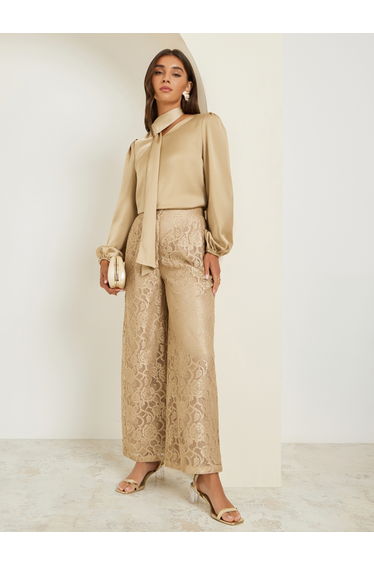 Women Beige Lace Wide Leg Trousers