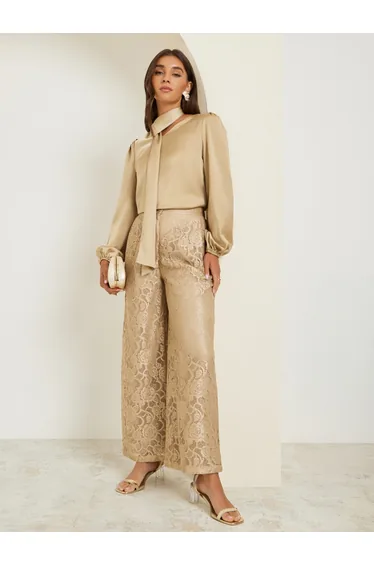 Women Beige Lace Wide Leg Trousers
