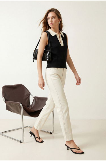 Ecru Polo Neck T-Shirt Look Knitwear Blouse