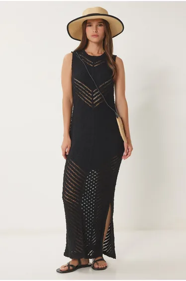 Women's Black Openwork Summer Knitwear Dress