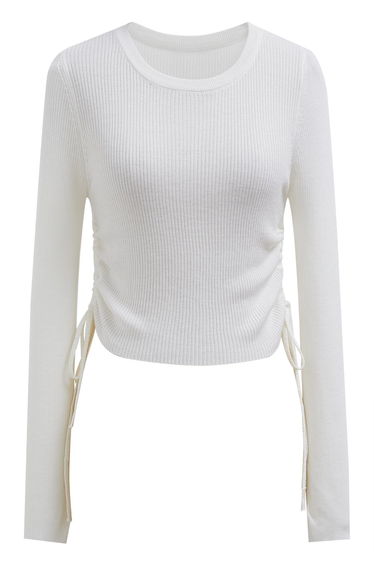 Side Drawstring Long Sleeves Crop Top in Ivory