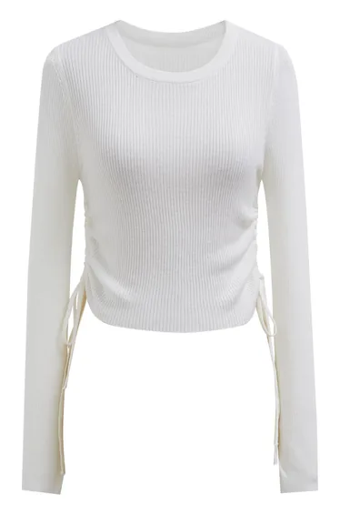 Side Drawstring Long Sleeves Crop Top in Ivory