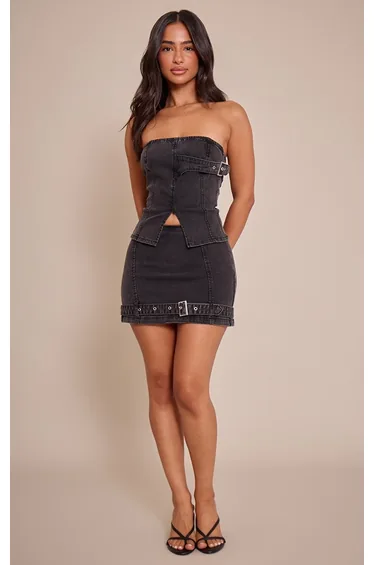 Petite Washed Black Denim Longline Bandeau Corset