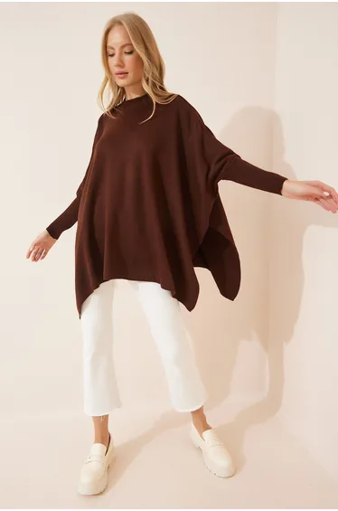 Women's Brown Sweatshirts Oversized Poncho Sweater