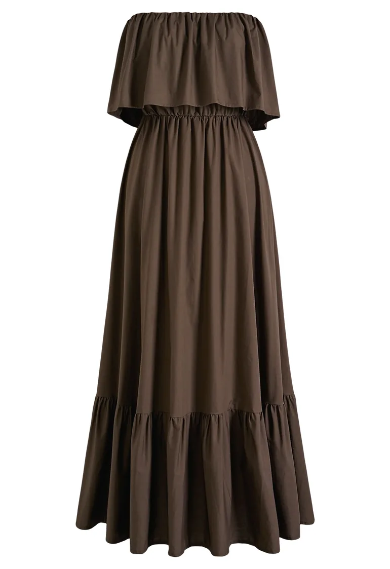 Easy Elegance Flap Strapless Ruffled Cotton Maxi Dress in Dark Brown for Outdoor Parties & Casual Events - 5