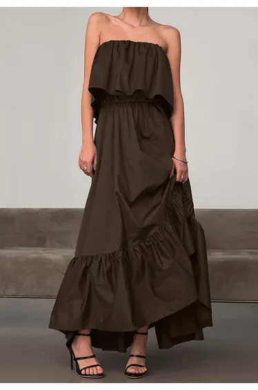 Easy Elegance Flap Strapless Ruffled Cotton Maxi Dress in Dark Brown for Outdoor Parties & Casual Events