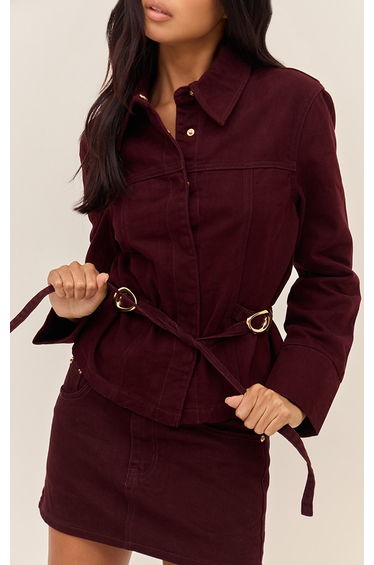 Burgundy Concealed Placket Crop Belted Denim Jacket
