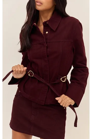 جاكيت دينيم قصير بحزام - أحمر