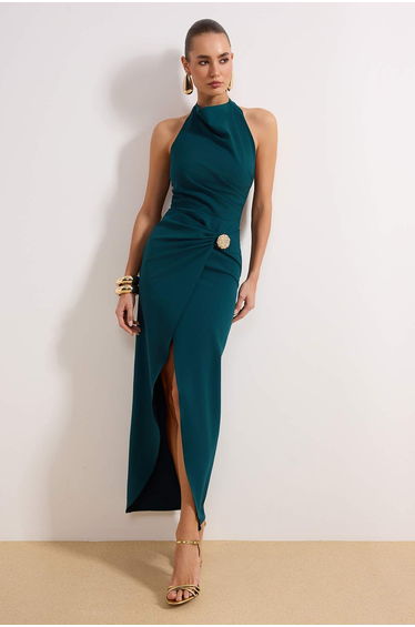 Emerald Green Plain Accessory Detailed Woven Finike Maxi Evening Dress & Graduation Dress