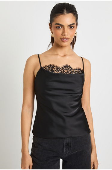 Satin Lace Cowl Cami - black