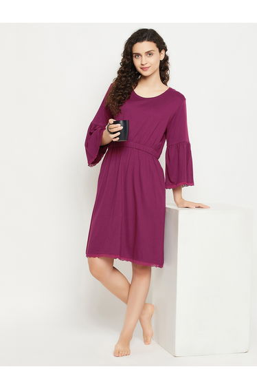 Solid Bell Sleeves Nightdress with Lace Trim