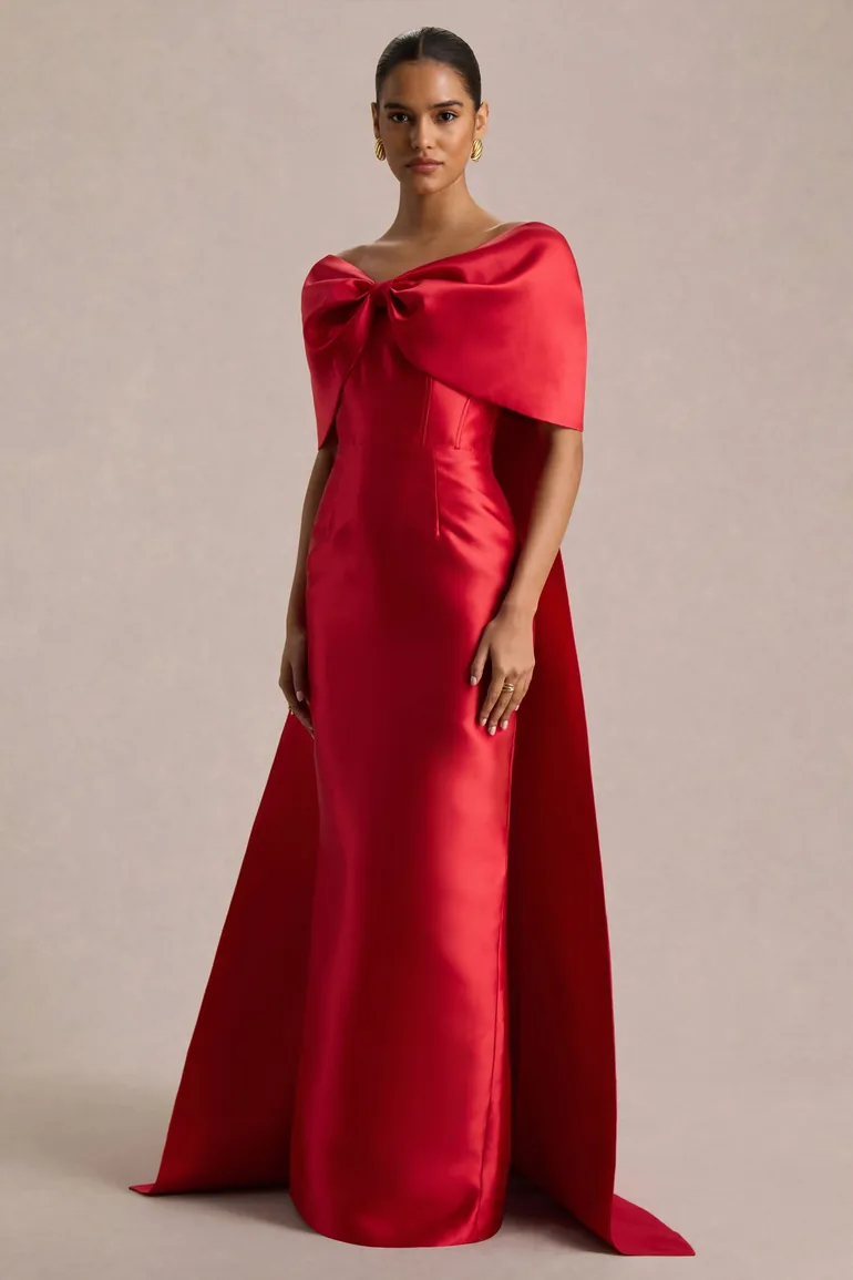 Wanting More | Red Satin Cape Maxi Dress With Oversized Bow - 5