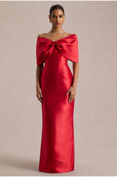 Wanting More | Red Satin Cape Maxi Dress With Oversized Bow