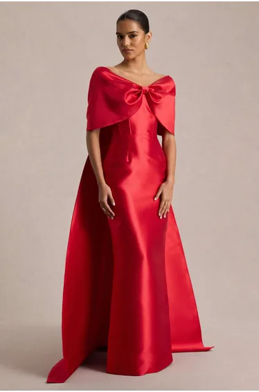 Wanting More | Red Satin Cape Maxi Dress With Oversized Bow