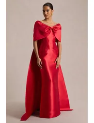 Wanting More | Red Satin Cape Maxi Dress With Oversized Bow - 2