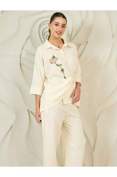 Cream Beaded Detail Wrap Shirt and Pants Co-ords