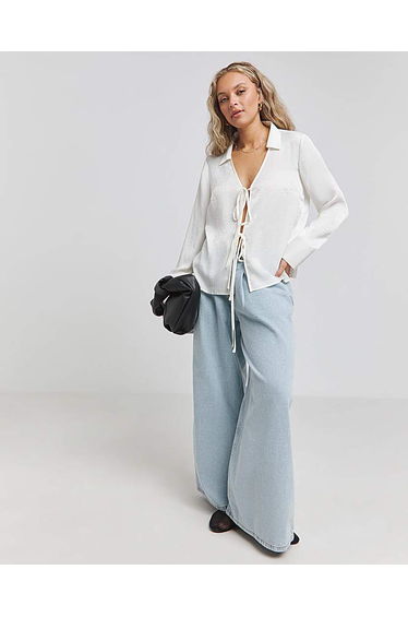 Satin Tie Front Long Sleeve Shirt