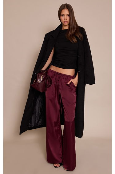 Burgundy Satin Low Rise Wide Leg Drawstring Trousers
