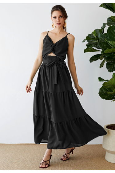 Twist Cutout Shirred Cami Maxi Dress in Black