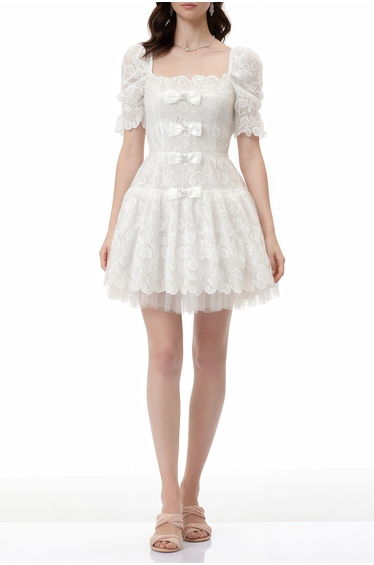 Elara White Lace Mini Dress with Embellishment