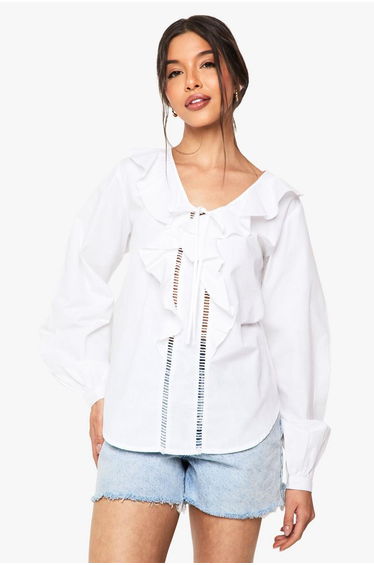 Ruffle Cutwork Trim Blouse - white