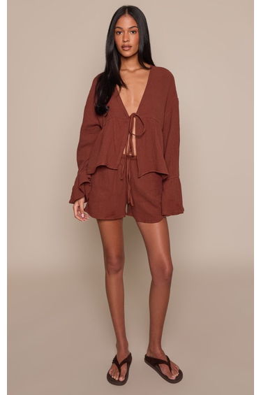 Tall Chocolate Cheesecloth Tie Waist Shorts