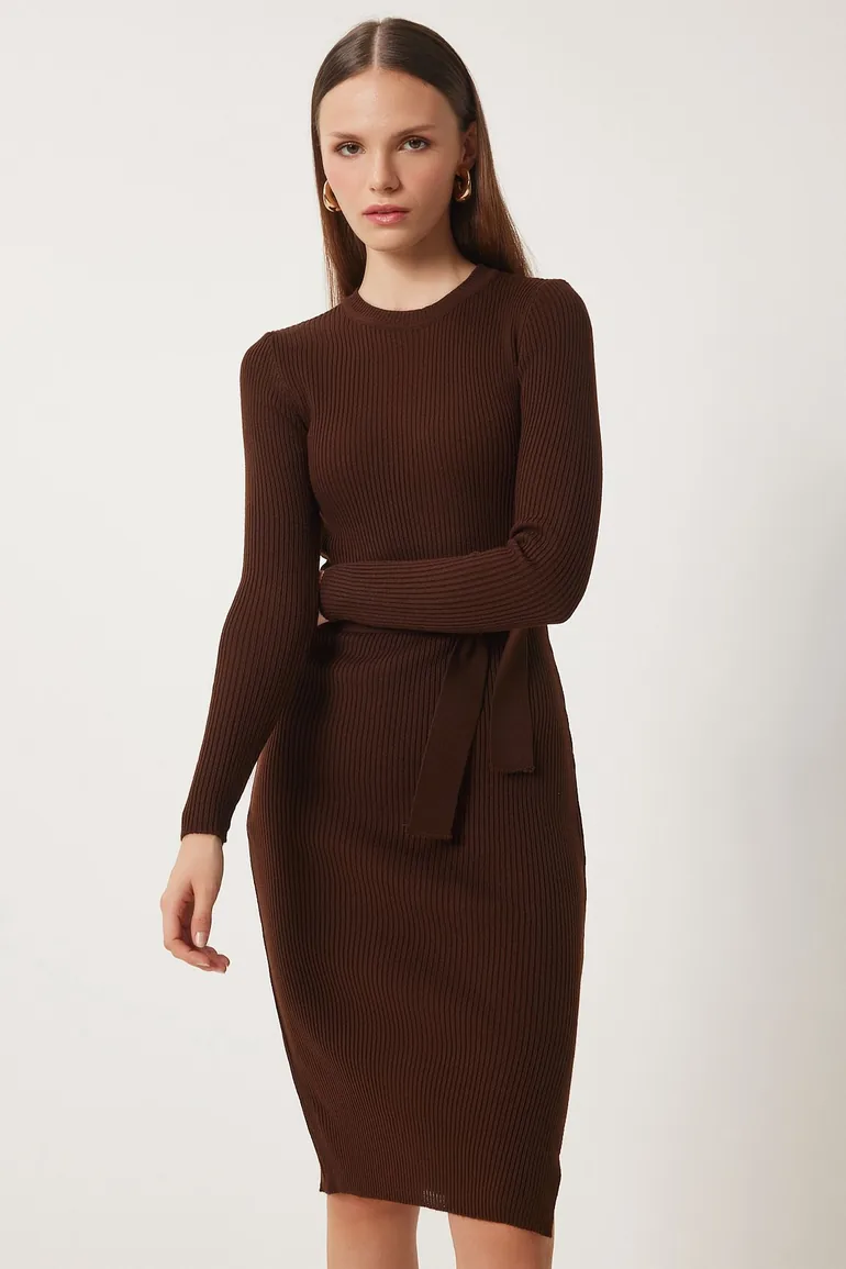 Shop Women's Dark Brown Crew Neck Lycra Sweater Dress Online in Oman